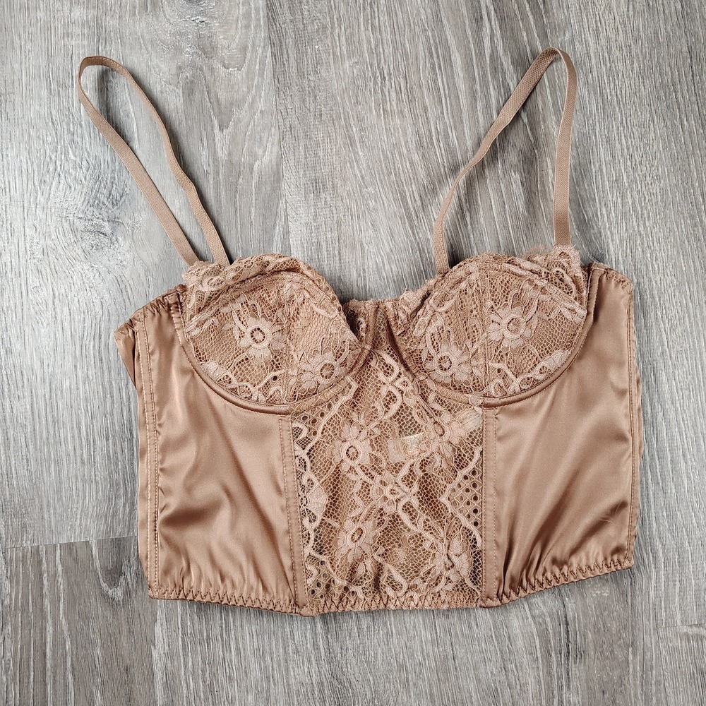 BDG Urban Outfitters Large Lace &‎ Satin Corset Crop Top Tan Back Closure
